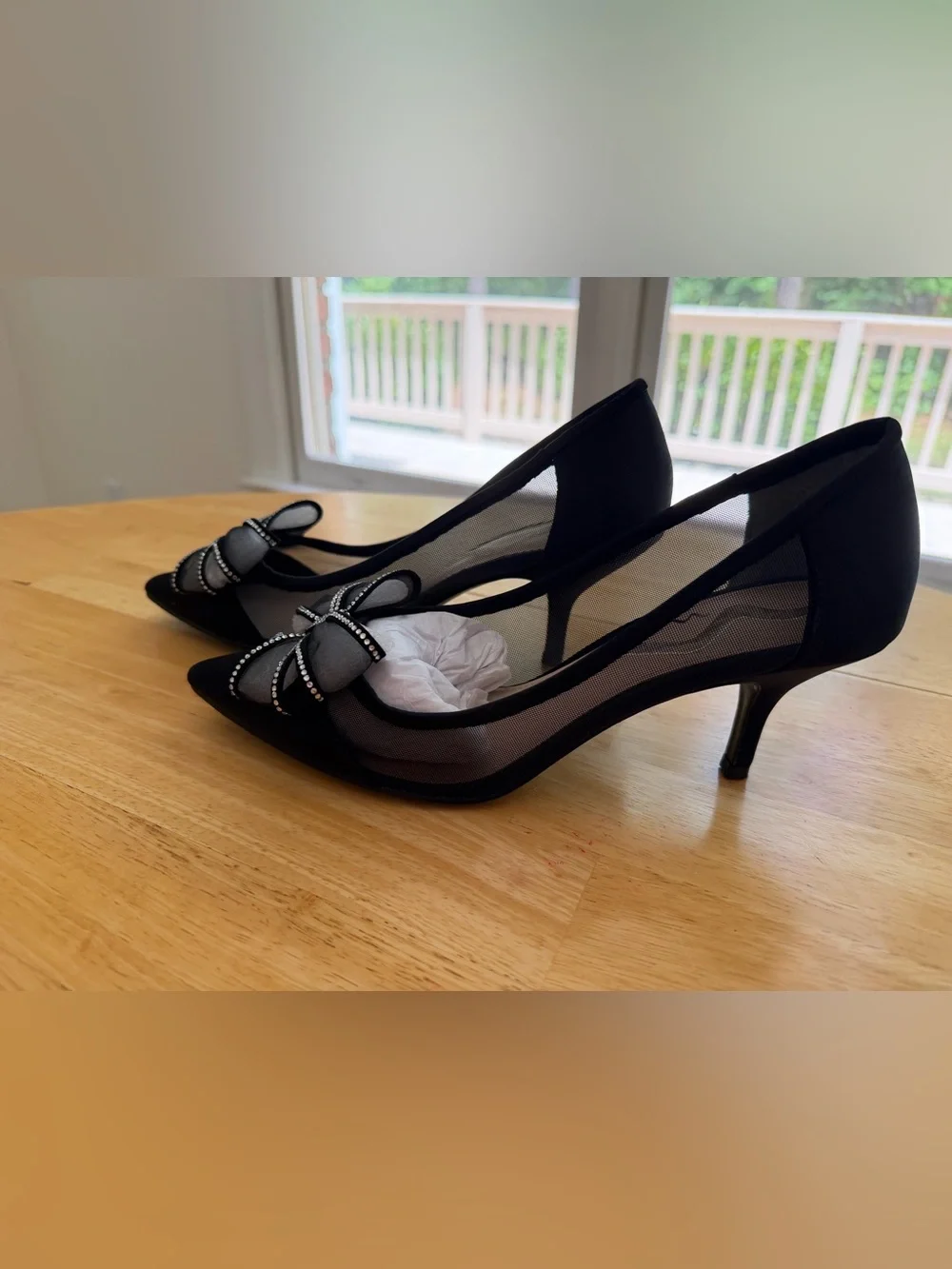 Nina Black Satin Pointed-Toe Pumps with Rhinestone Bow